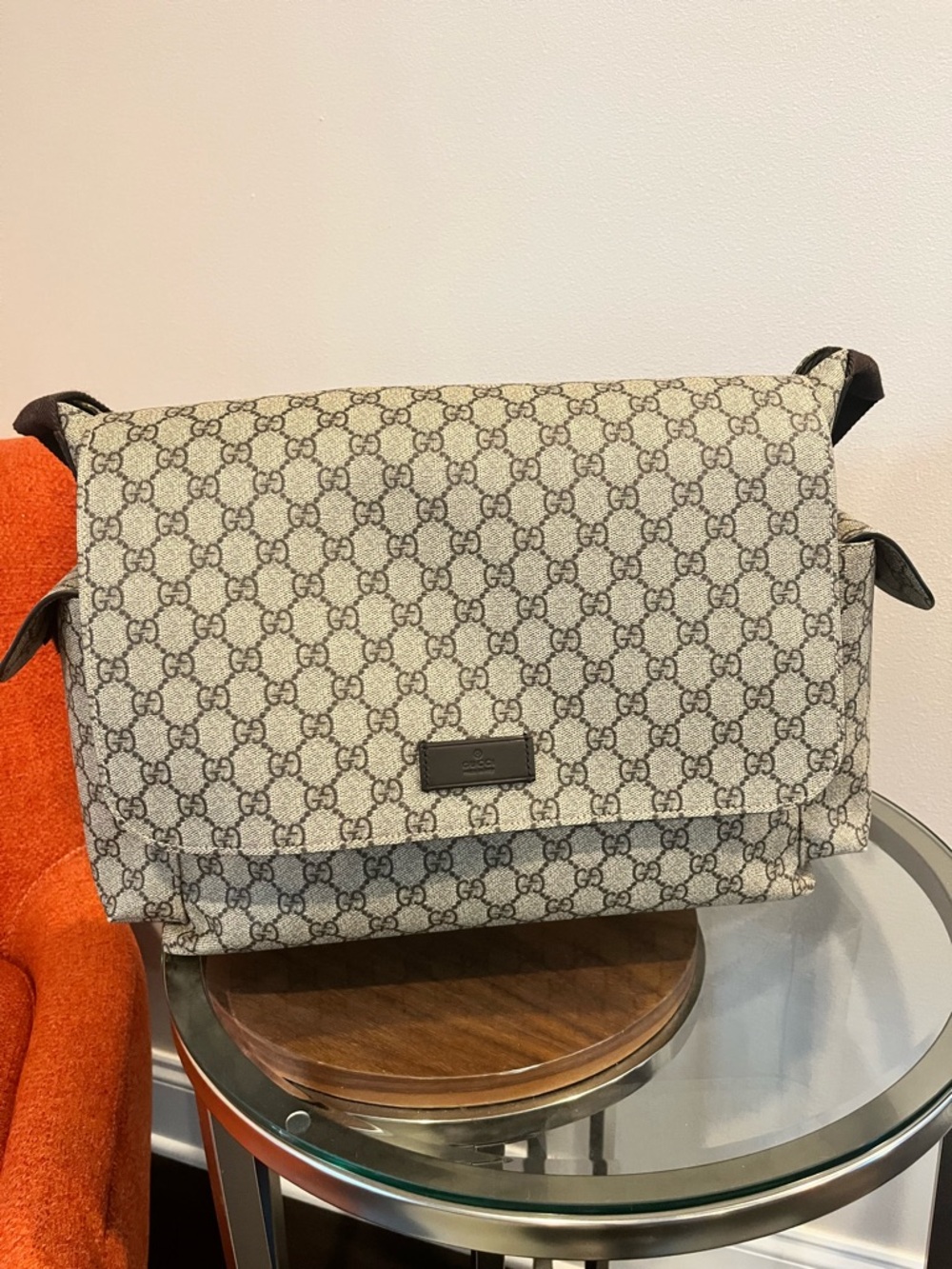 Gucci Beige Monogram Messenger Bag/Diaper Bag and many pockets.